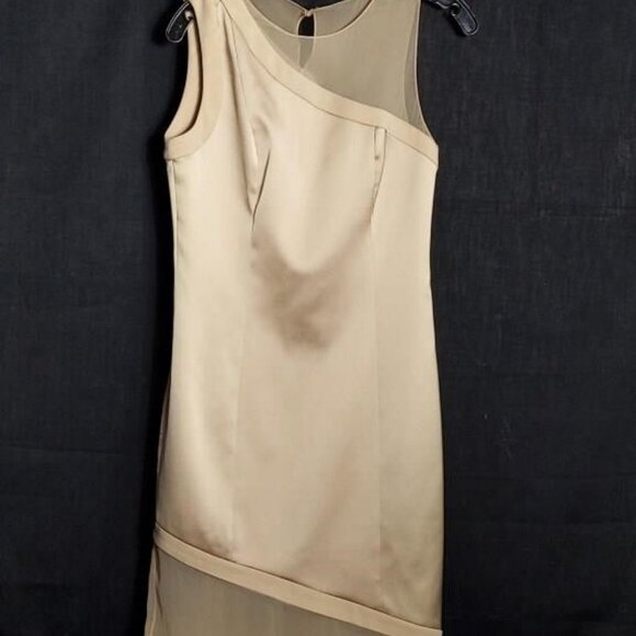 Sally LAPOINTE khaki SILK sheath dress one shoulder sheer mesh cocktail NWT sz 0 - Picture 1 of 10